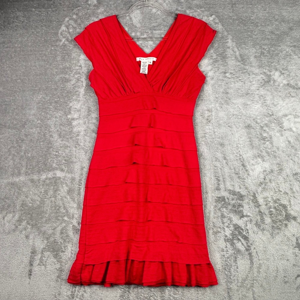 Max Studio Red Tiered Ruffle V-Neck Sheath Dress Womens Small 1B04M50